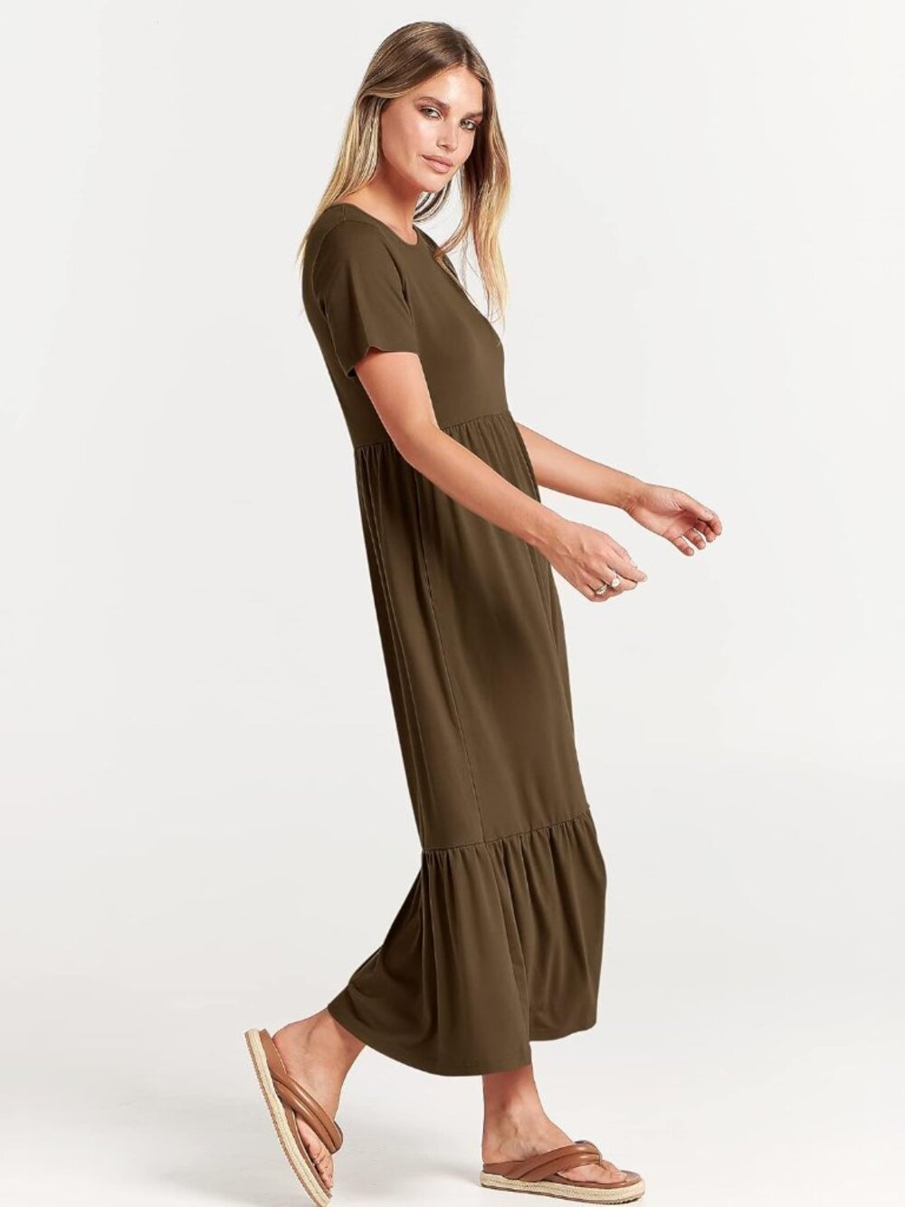 Women's Coffee Summer Casual Maxi Dress A line Tiered Short Sleeve Crewneck - Picture 4 of 6